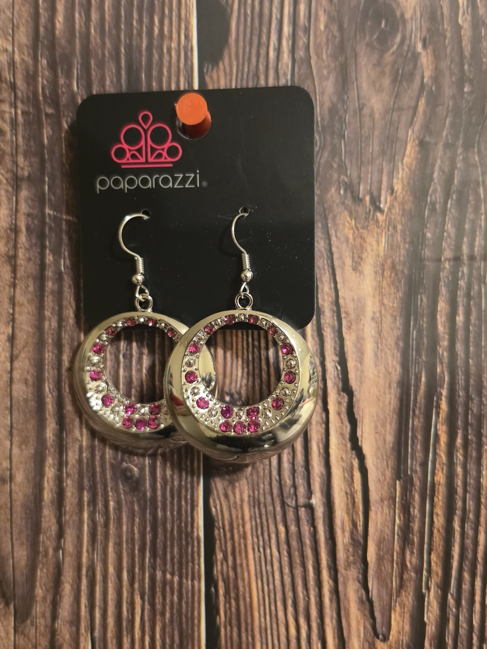 Paparazzi Silver Hoop Earrings with Pink Crystals